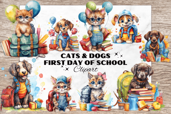 Kids Cats Dogs First Day at School